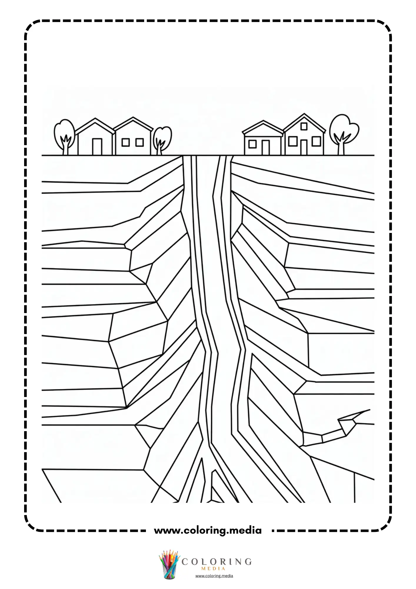 Earthquake coloring page with natural disaster scene