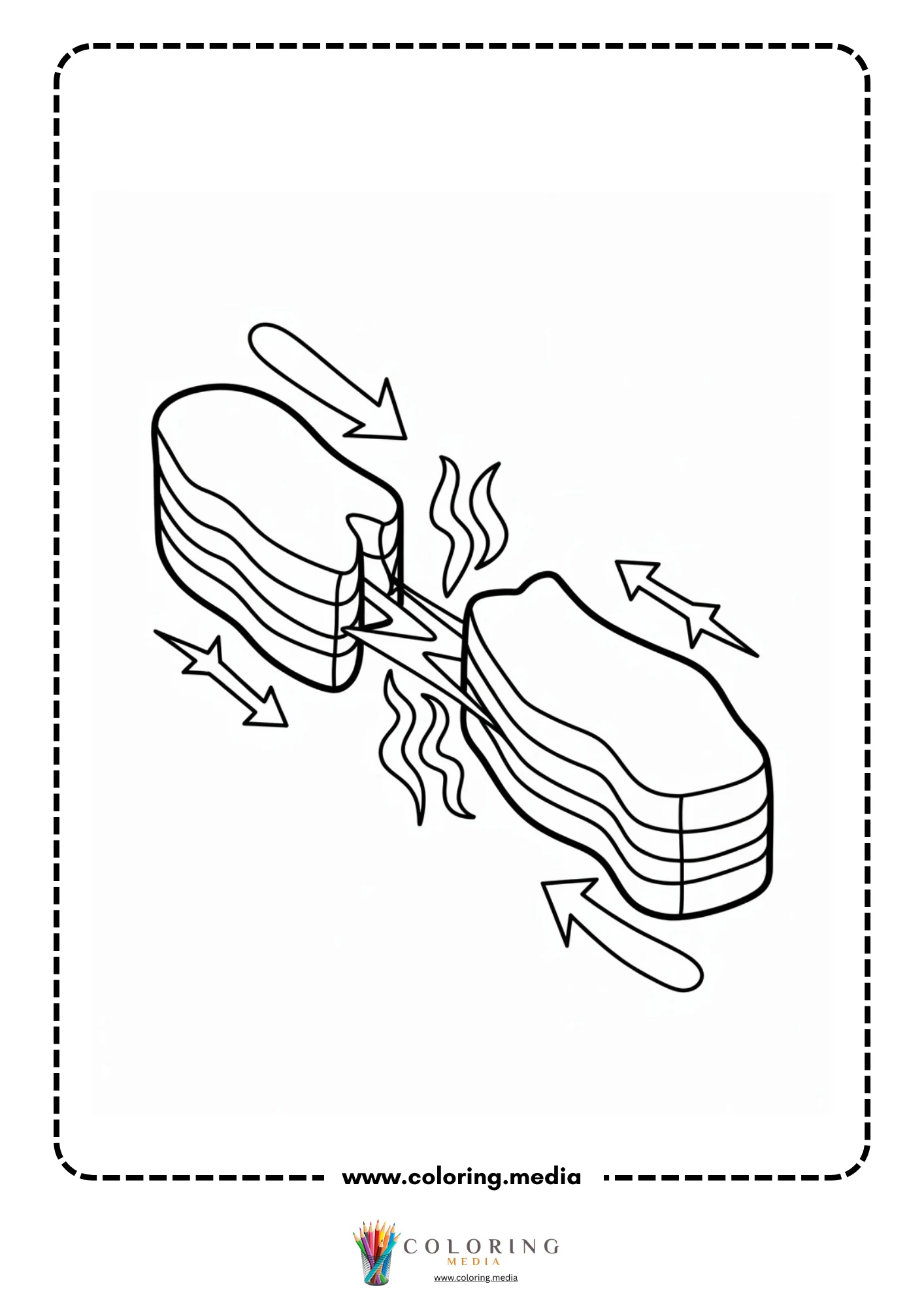 Earthquake coloring page with seismic cracks across the ground