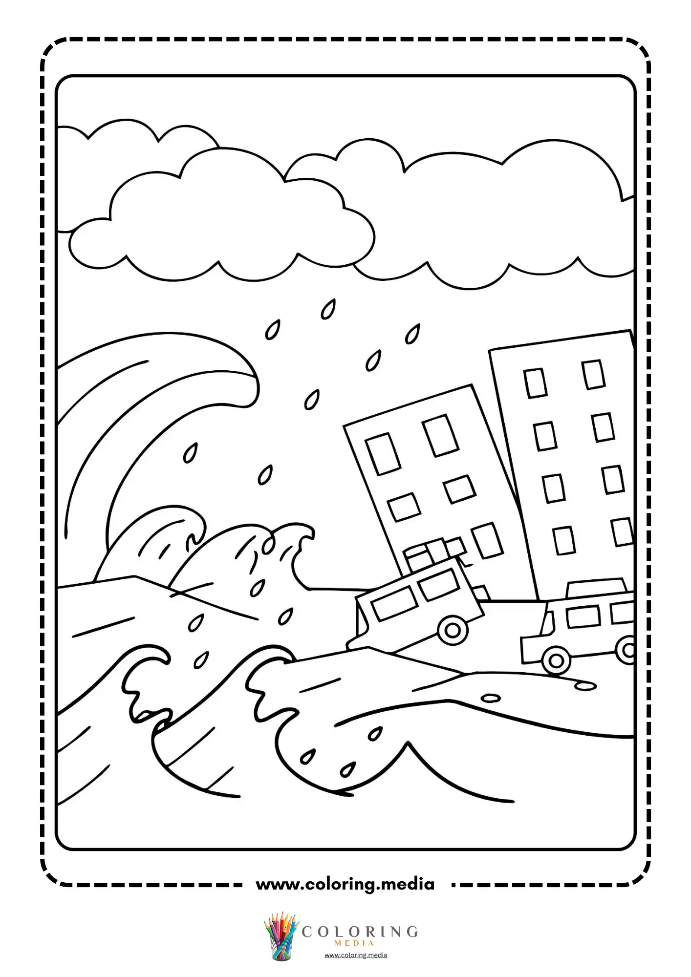 Earthquake coloring page with disaster preparedness theme
