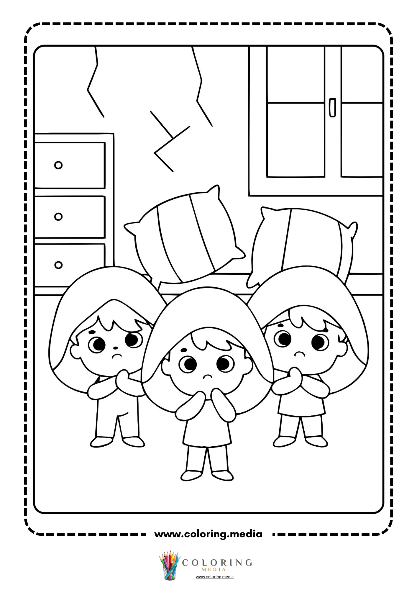 Earthquake coloring page with road cracks and city outline