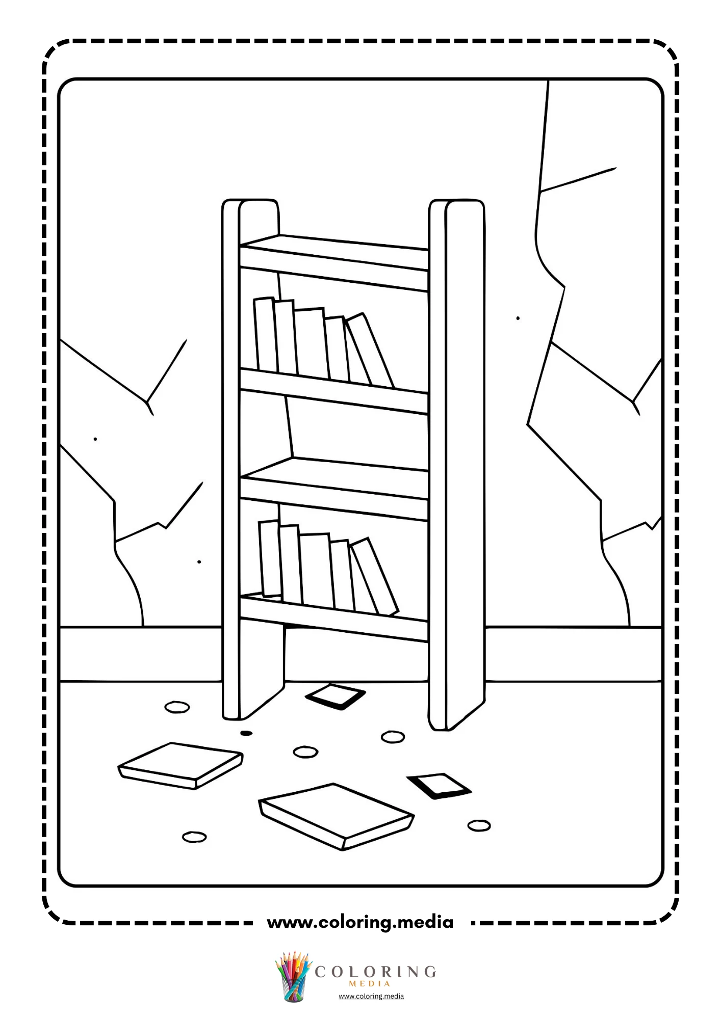 Earthquake coloring page with house row and cracked earth