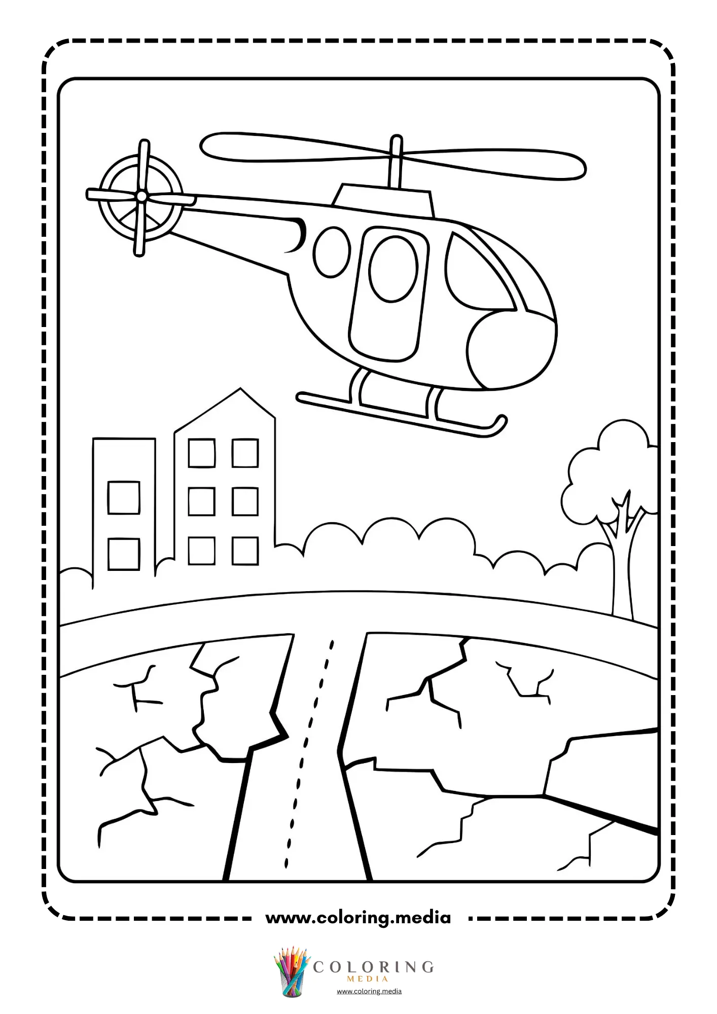 Earthquake coloring page with houses beside a fault line