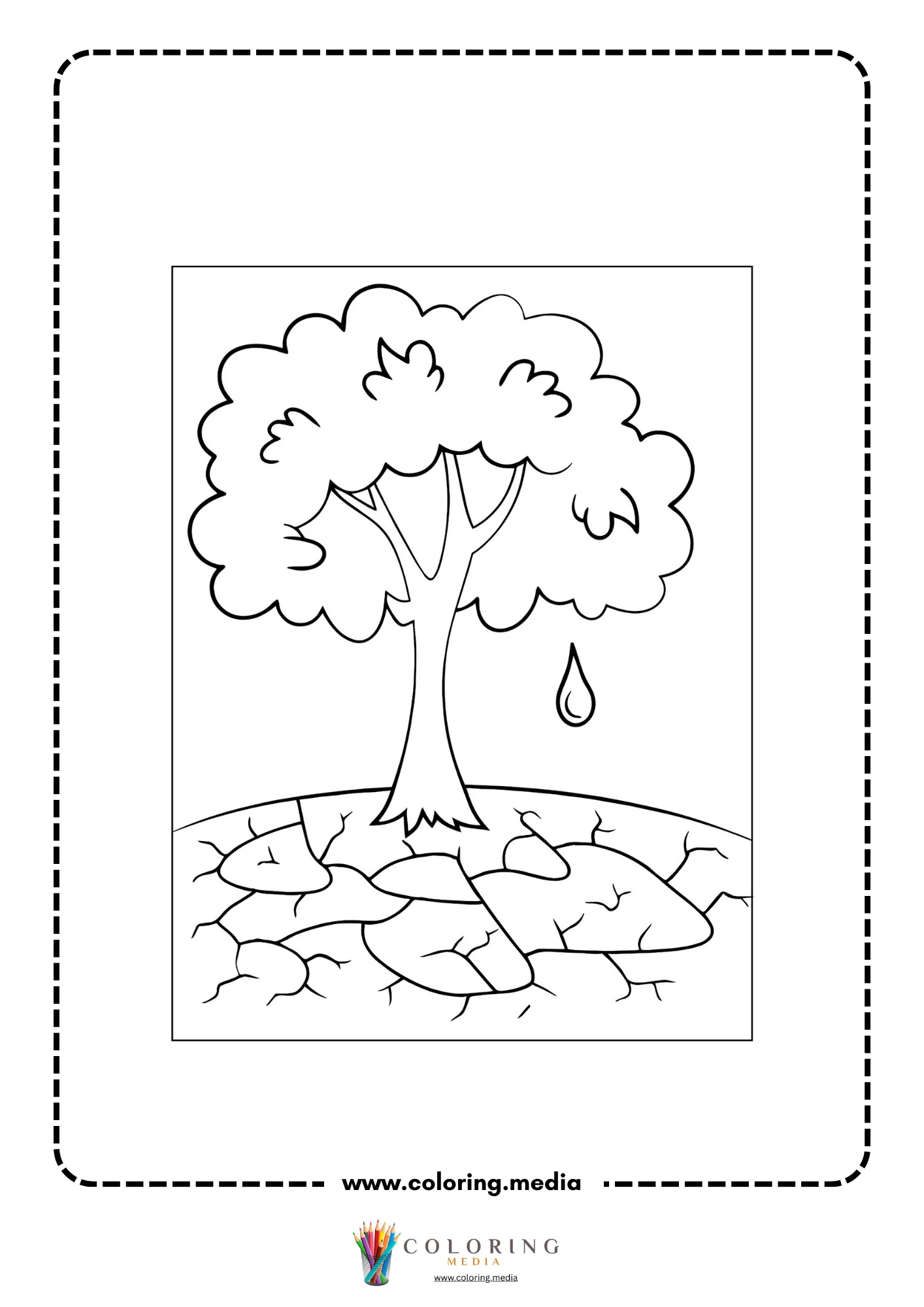 Global warming coloring page with drought and healthy nature contrast