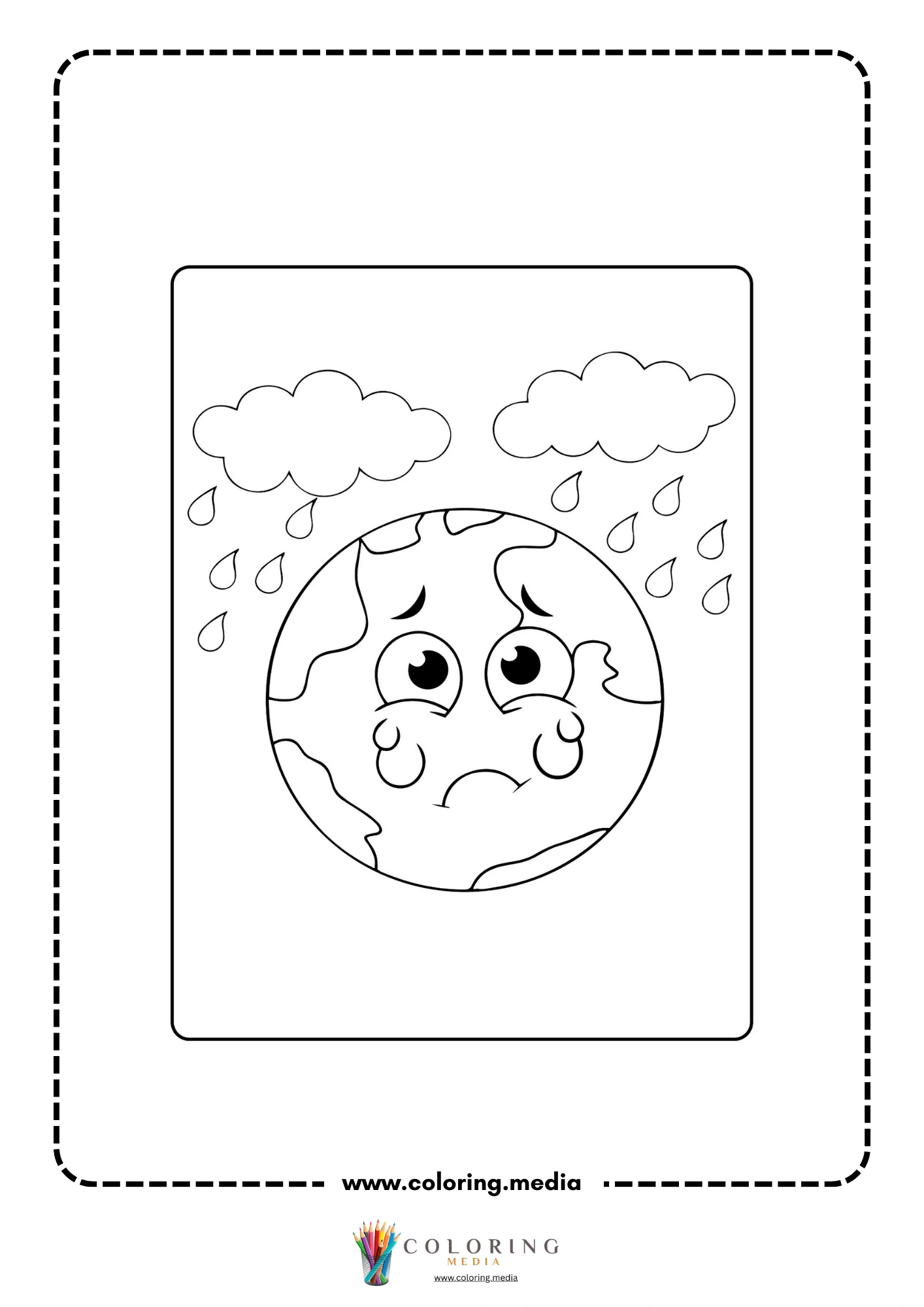 Greenhouse effects coloring page with sad Earth and rain clouds