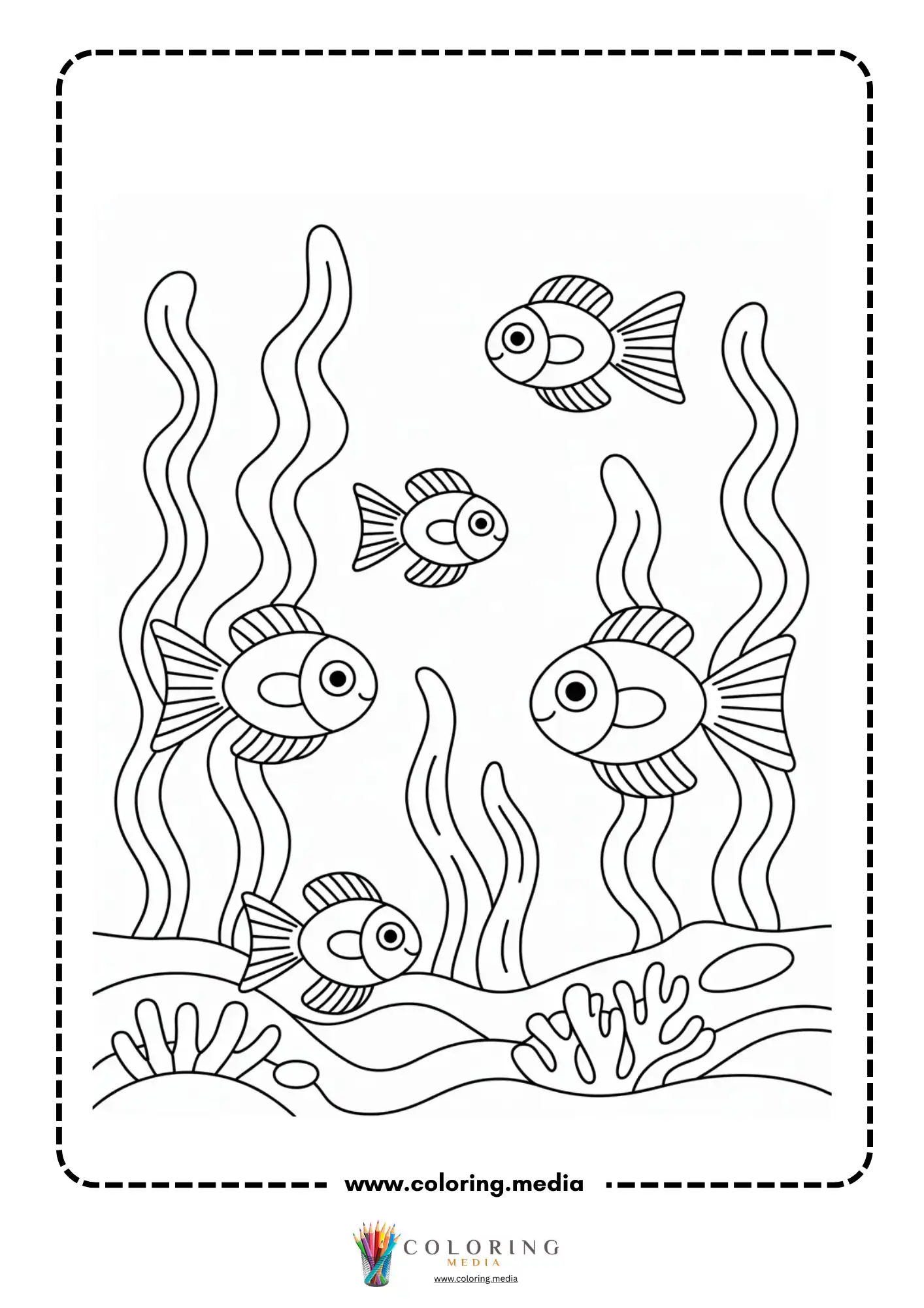 Ocean coloring page with fish seaweed and coral