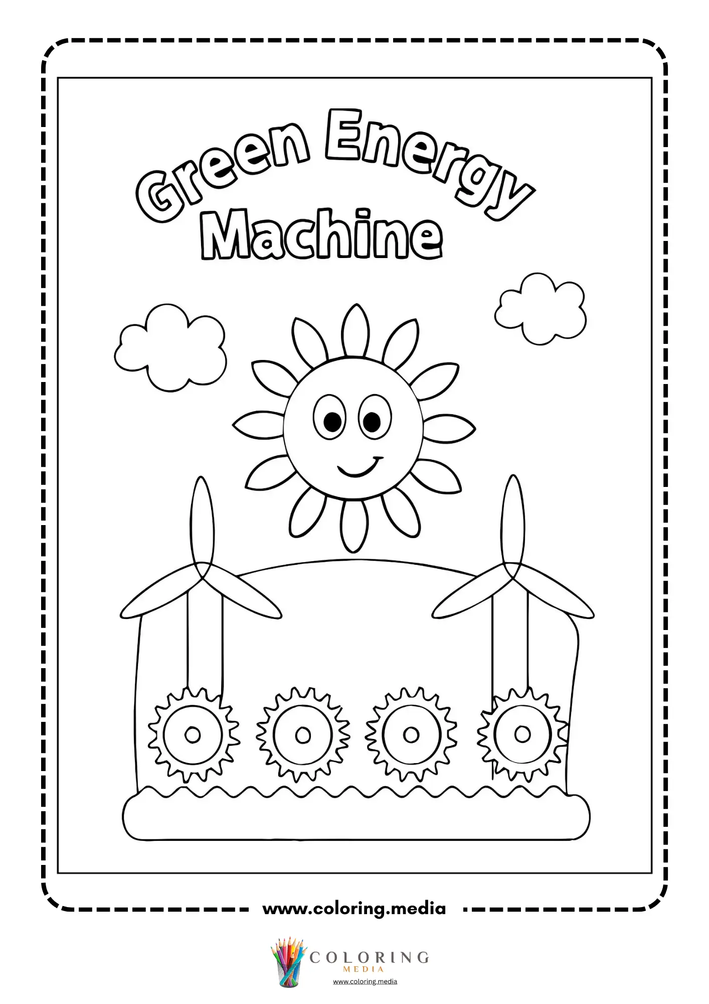 Renewable energy coloring page with green energy machine and wind turbines