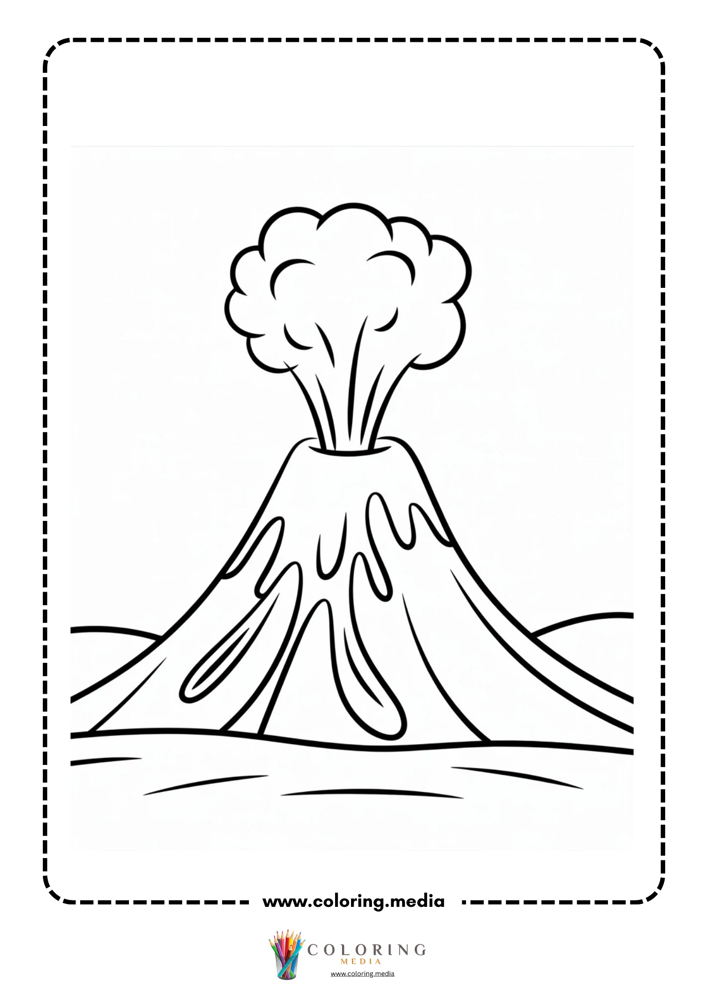 Volcano coloring page with smoke cloud and rolling hills