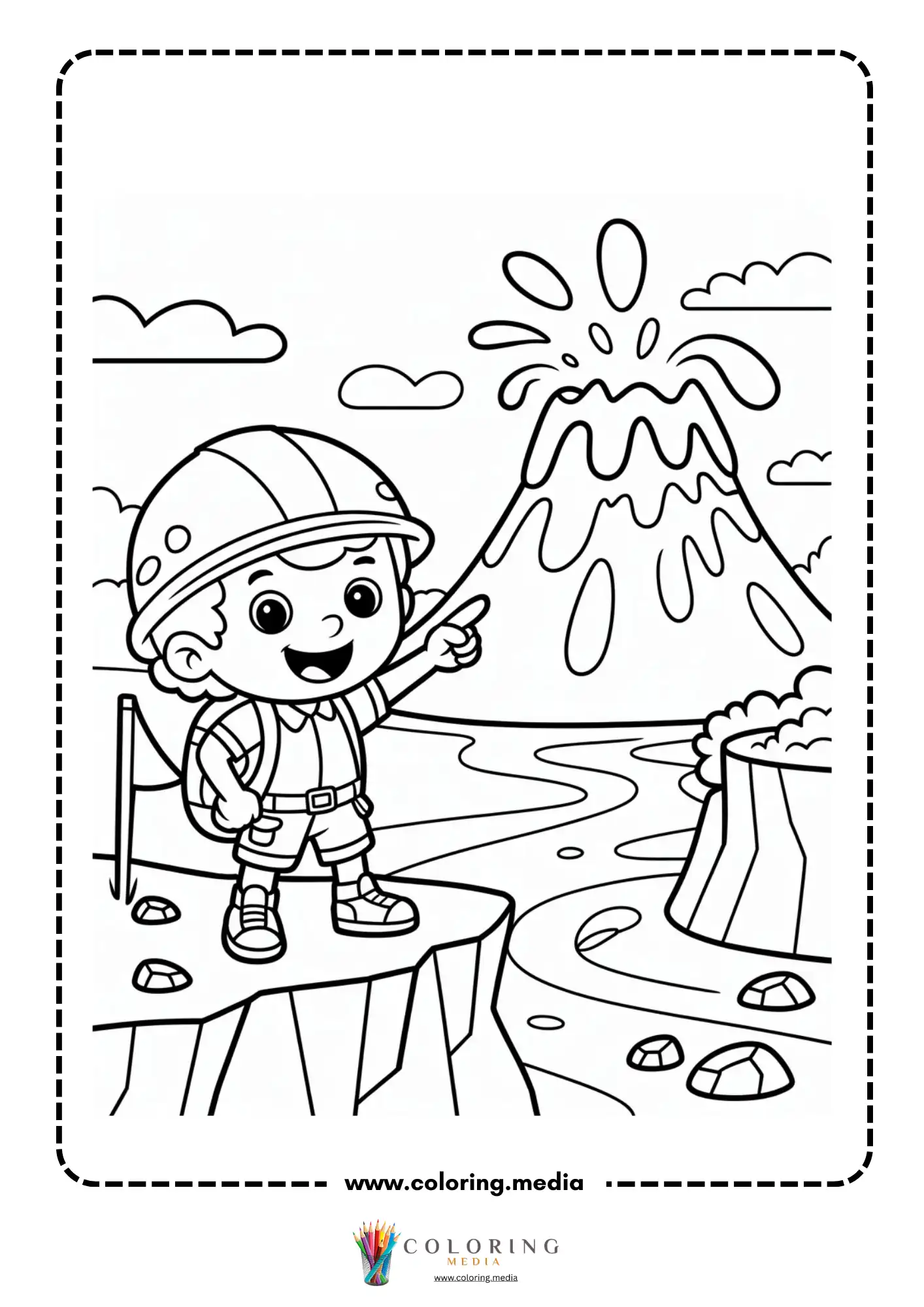 Volcano coloring page with volcano plume and scattered rocks