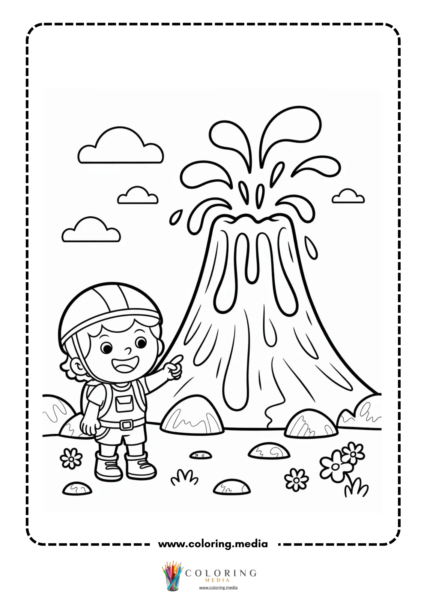 Volcano coloring page with lava lake around the base