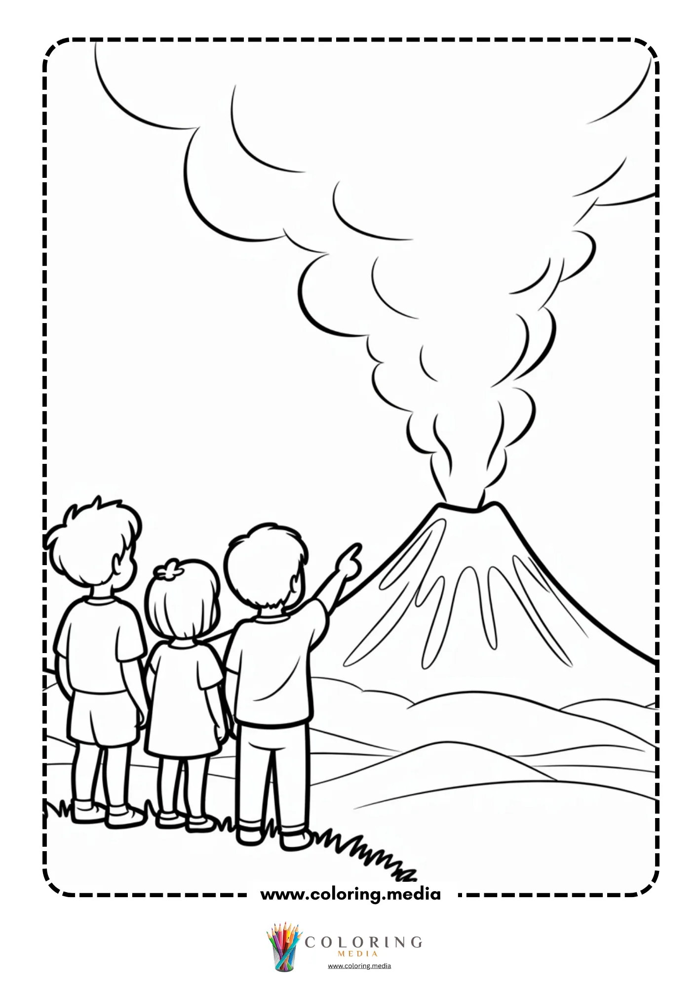 Volcano coloring page with mountain smoke and lava lines