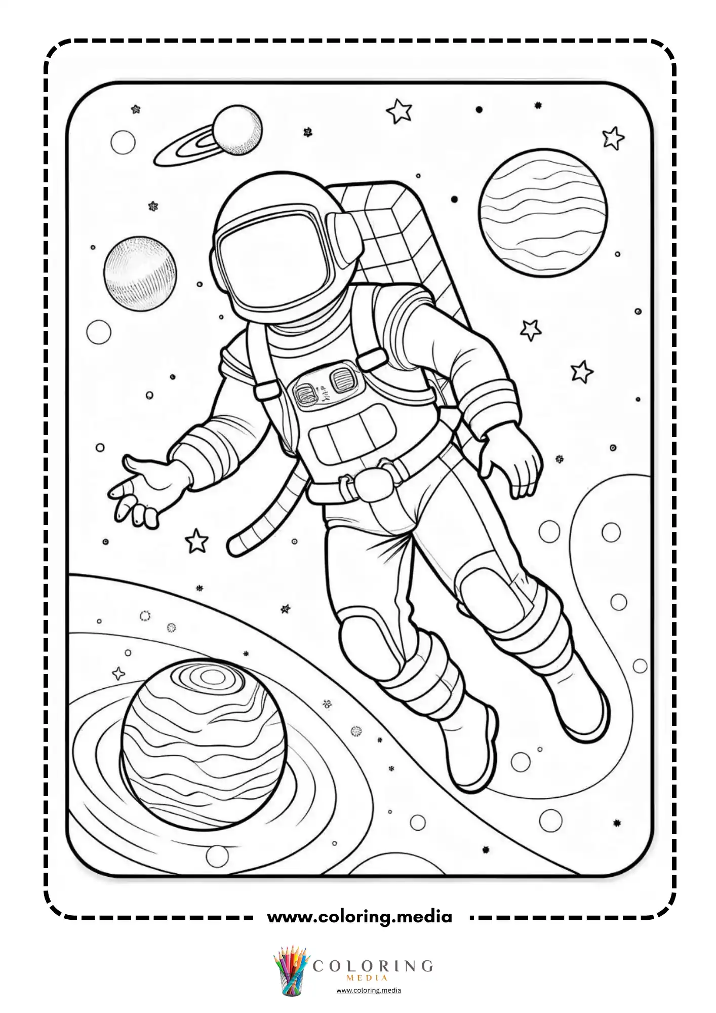 Astronaut coloring page with astronaut and ringed planet
