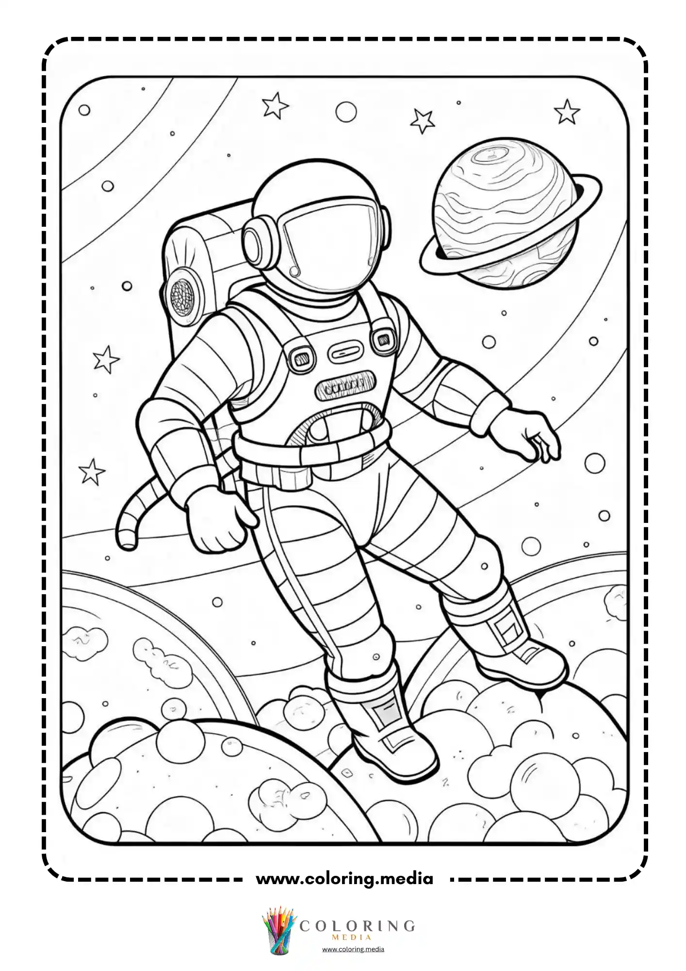 Astronaut coloring page with moon scene and starry sky