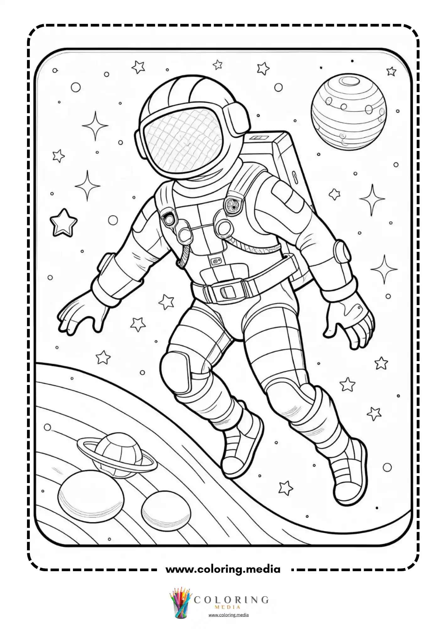 Astronaut coloring page with rocket and space mission theme