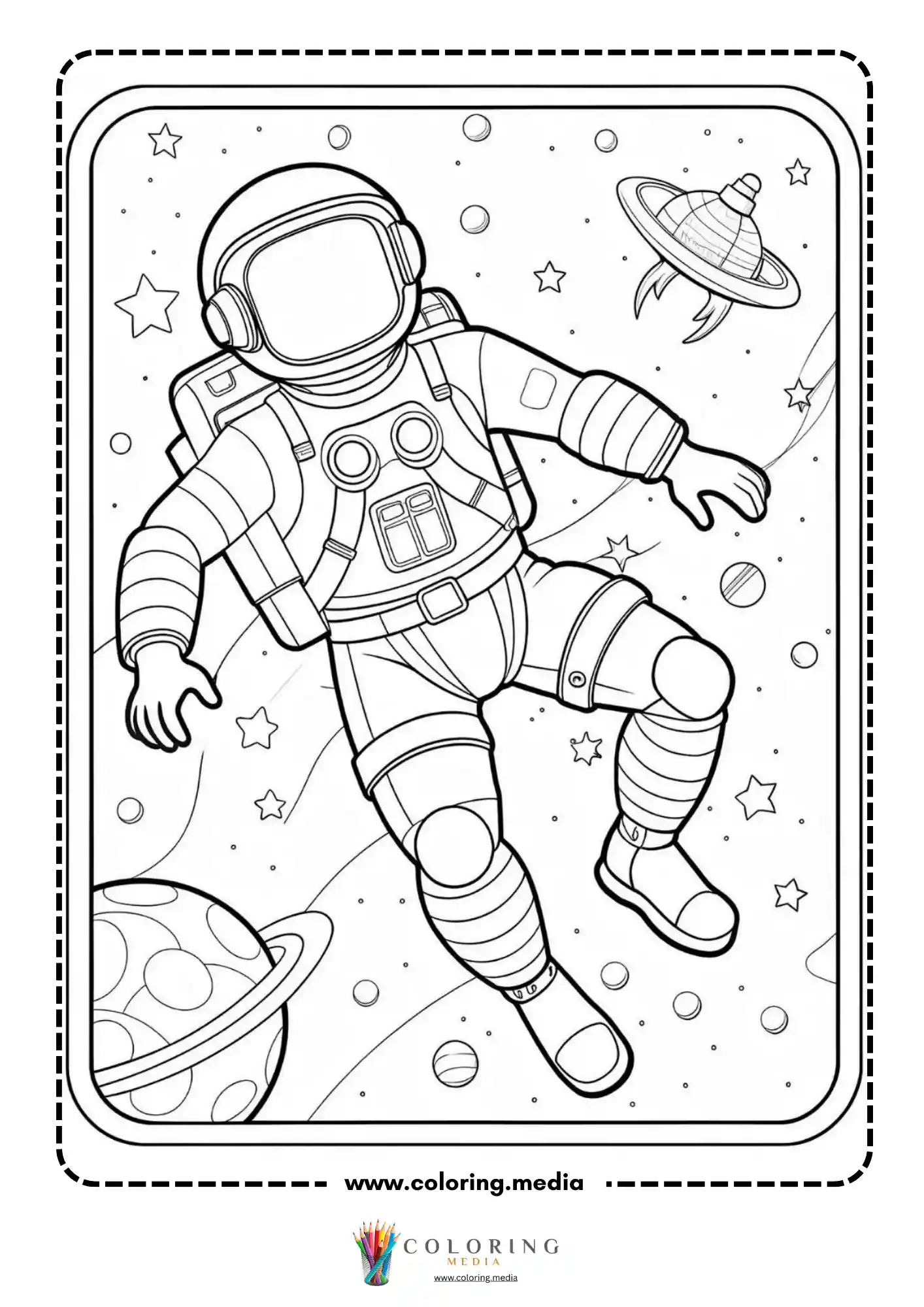 Astronaut coloring page with planets orbiting around astronaut