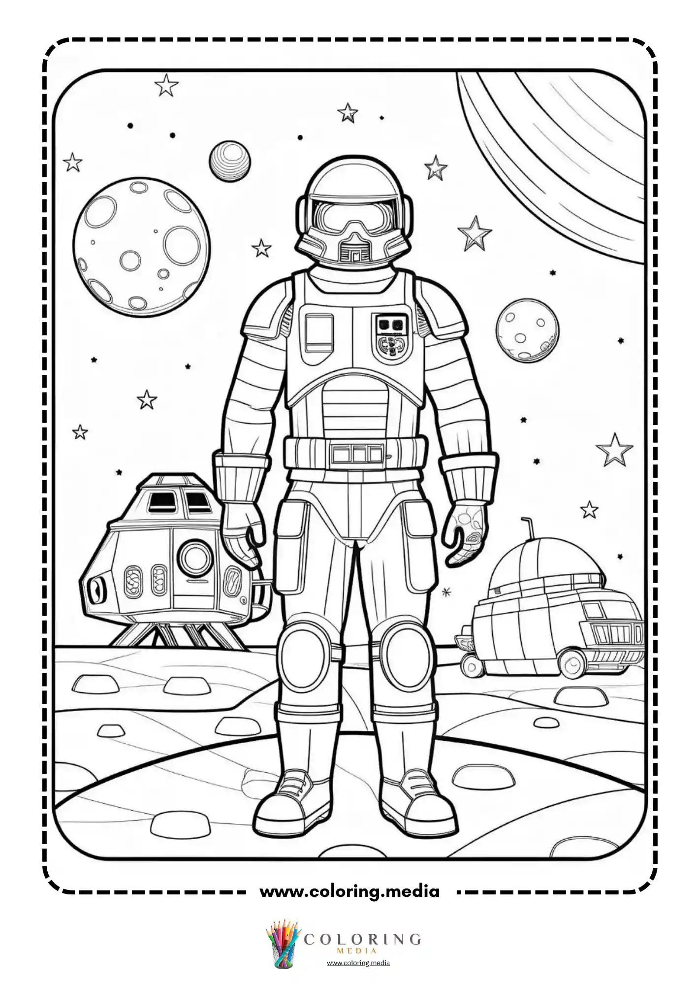 Astronaut coloring page with helmet suit and rocket details