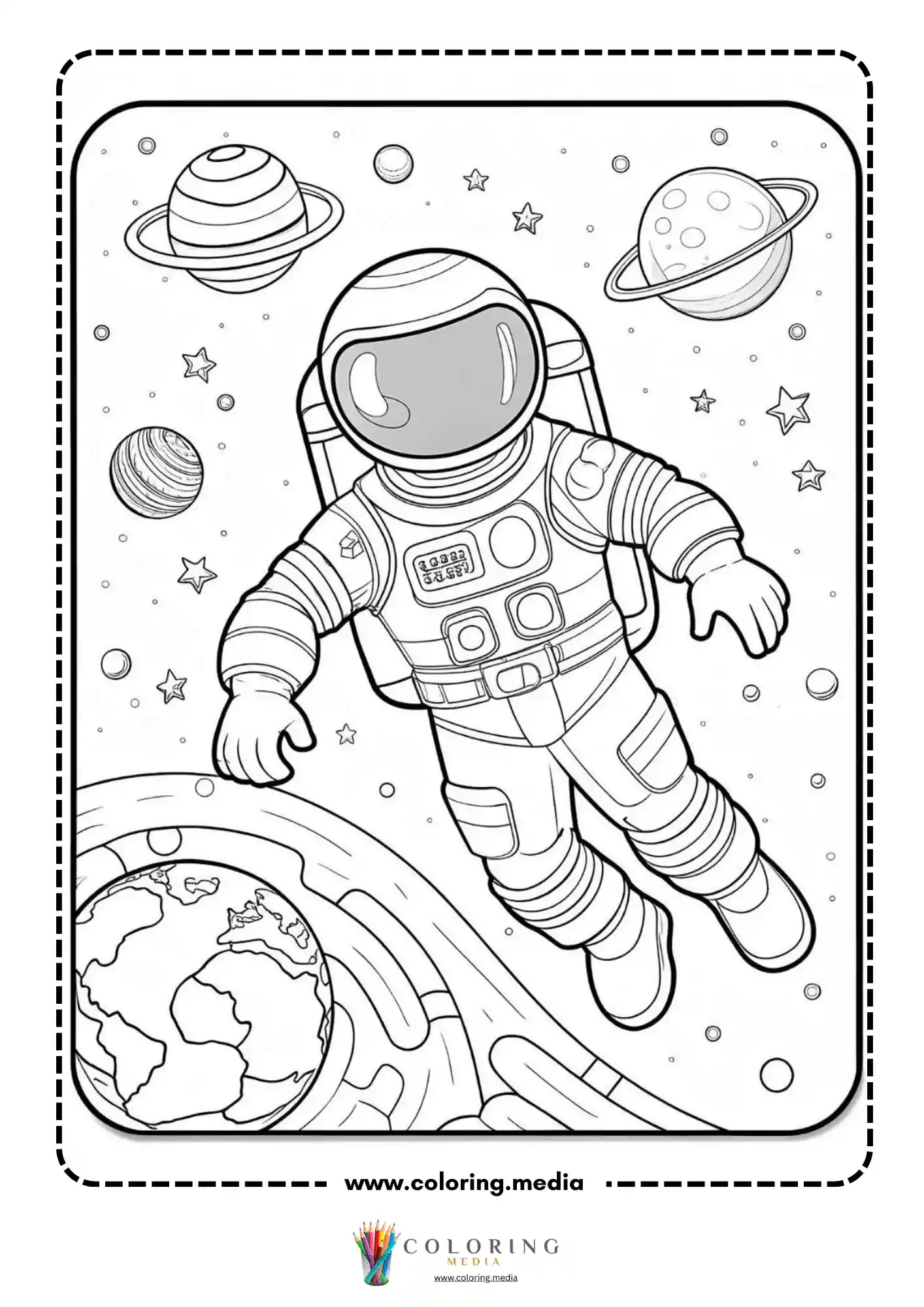 Astronaut coloring page with planets stars and space background