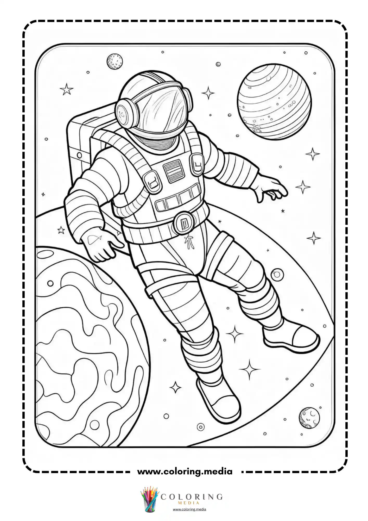 Astronaut coloring page with moon rocks and distant planets