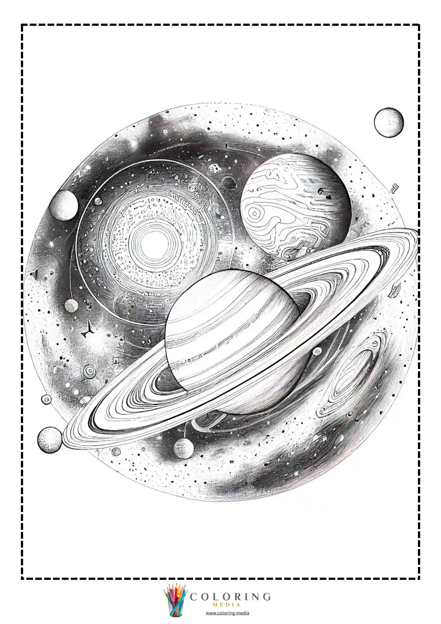 Ringed planet floating among detailed galaxies