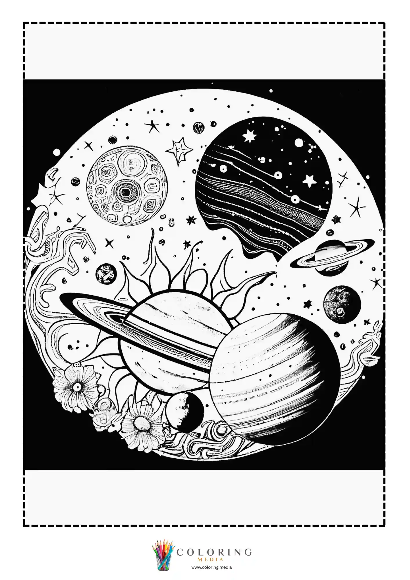 Planet collage with Saturn, stars, and floral details