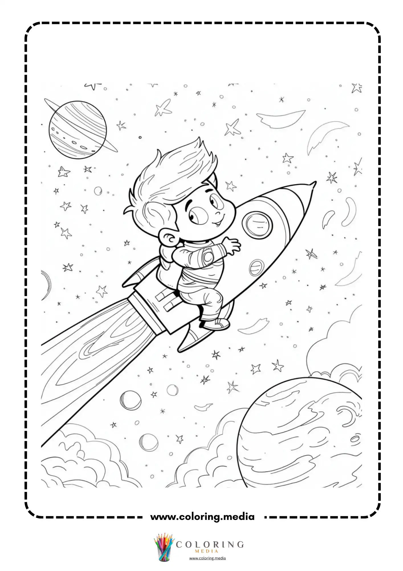 Space coloring page with child riding rocket through stars