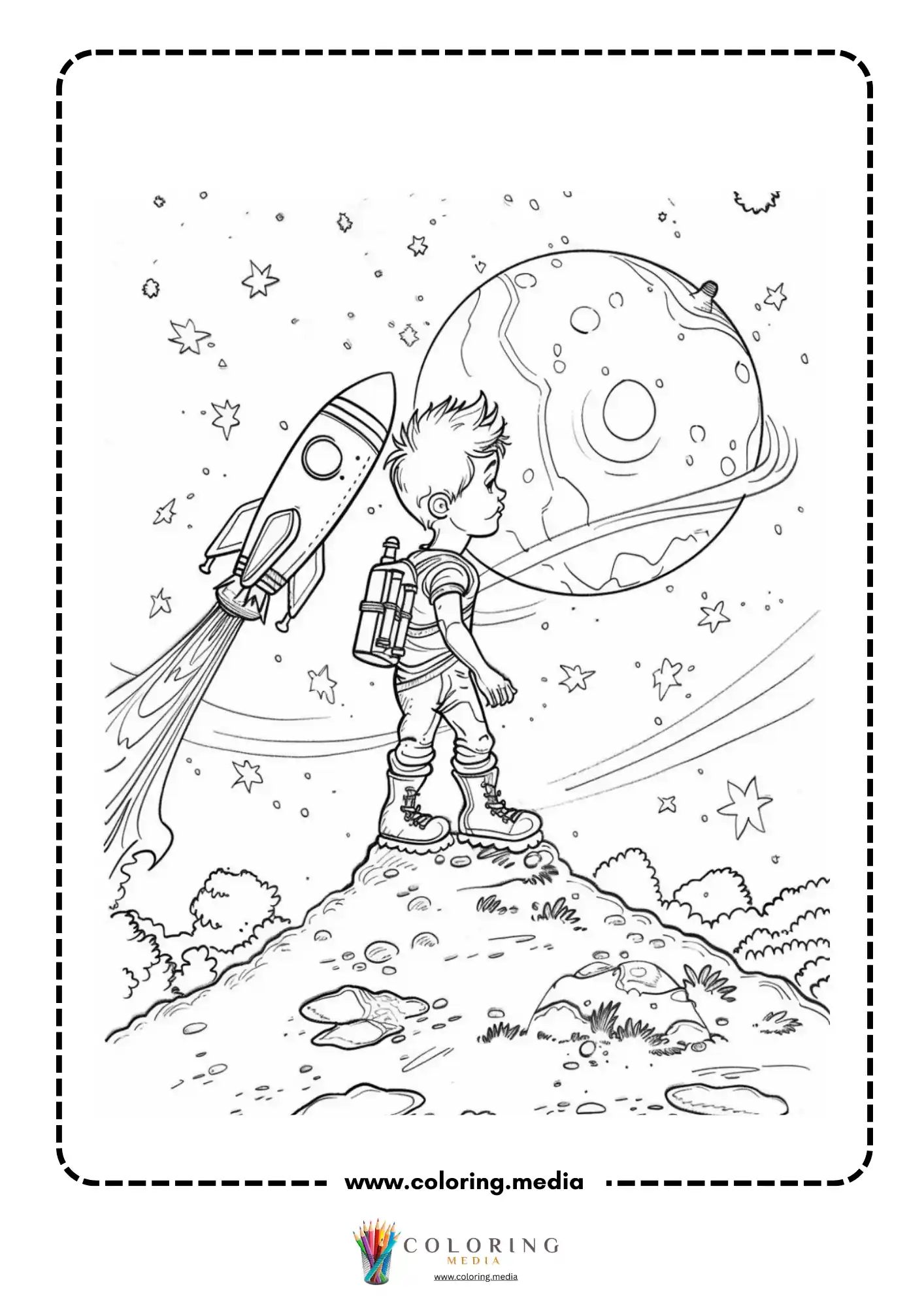 Space coloring page with astronaut floating near planets