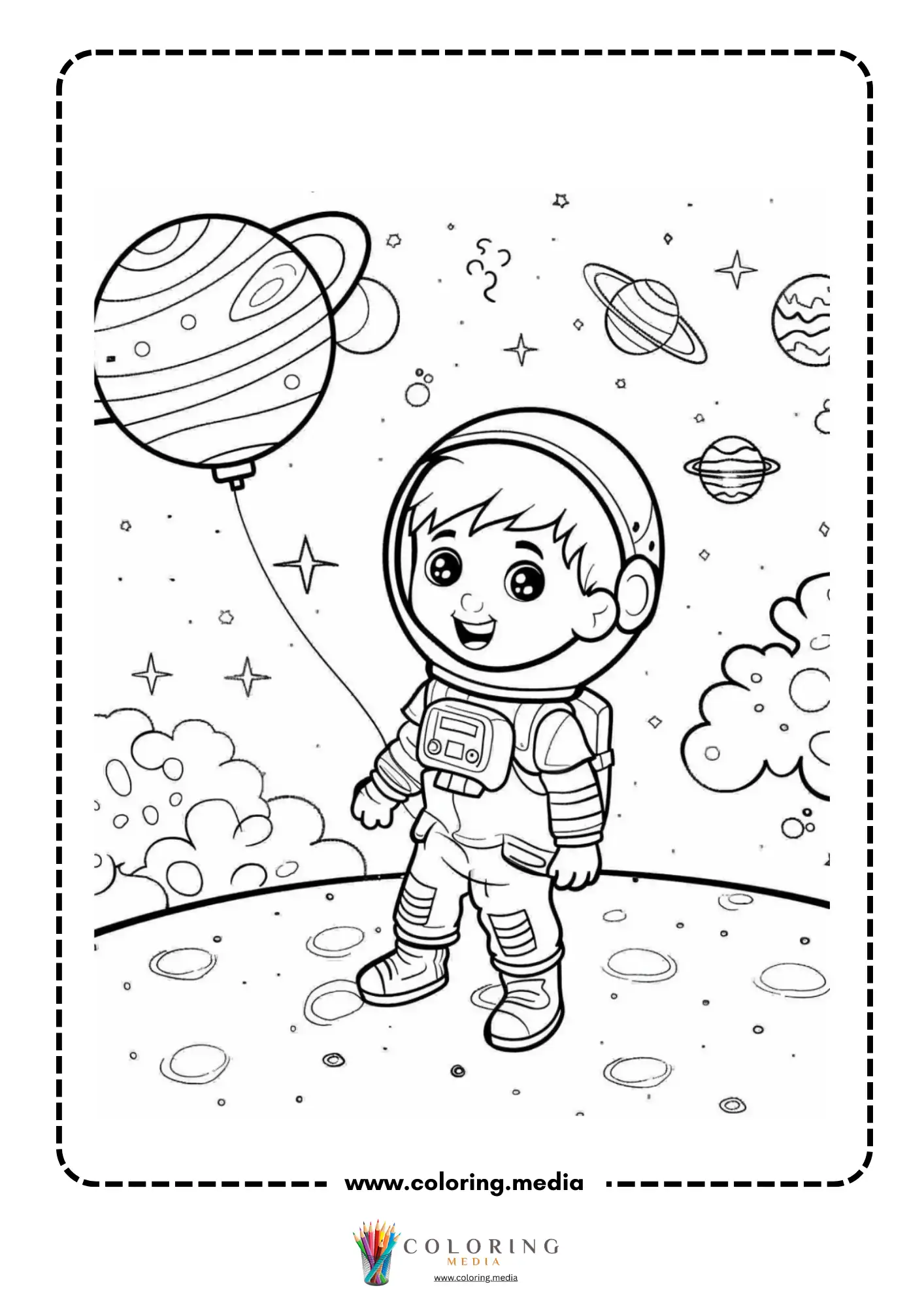 Space coloring page with smiling astronaut and rocket