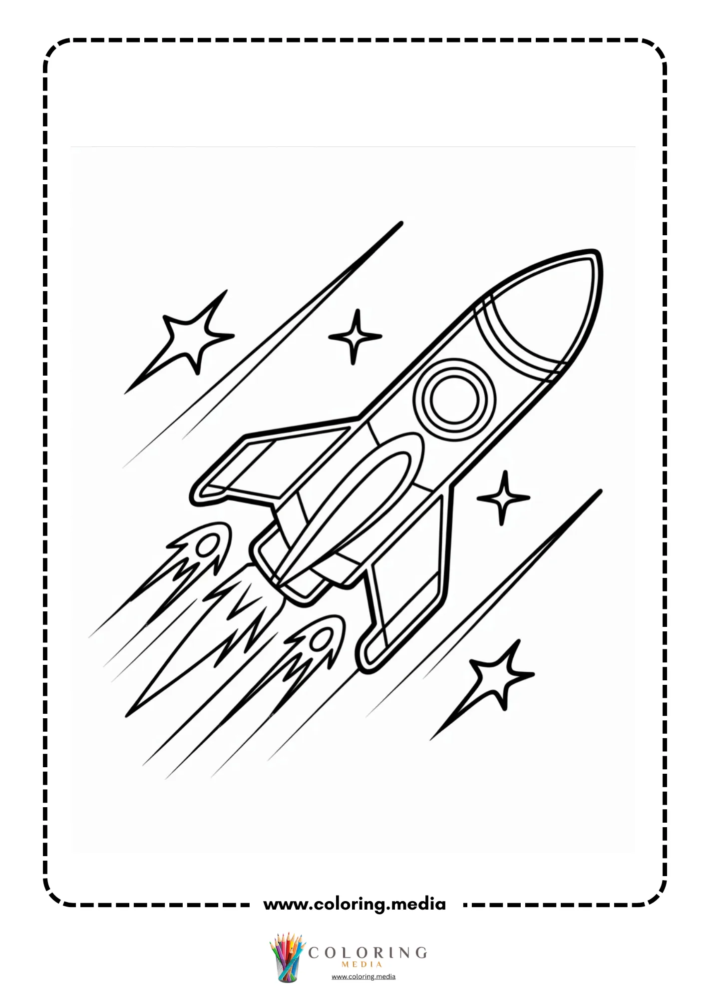 Spaceship coloring page with rocket blasting off from clouds