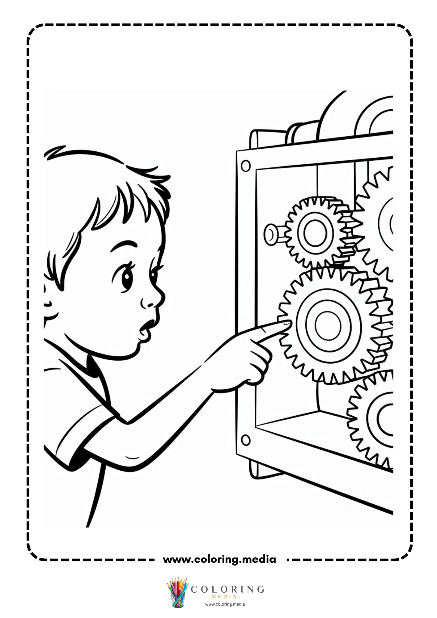 Gear coloring page with technology symbols and wrenches