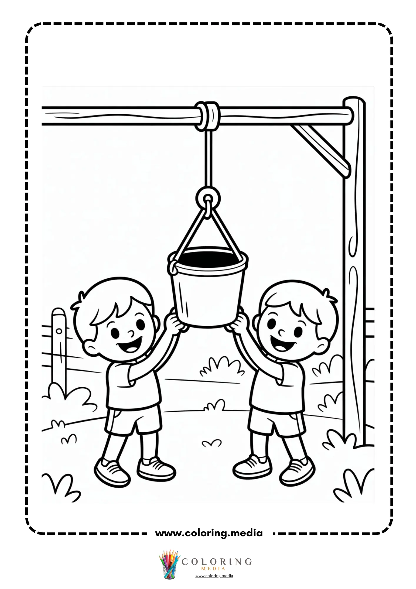 Pulley coloring page with child pointing at a pulley hook